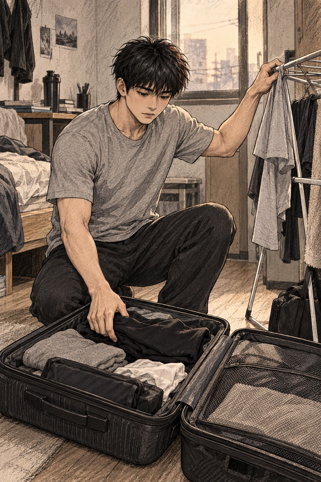 돌아온 도윤이 여행 가방을 풀고 빨래를 넌다.