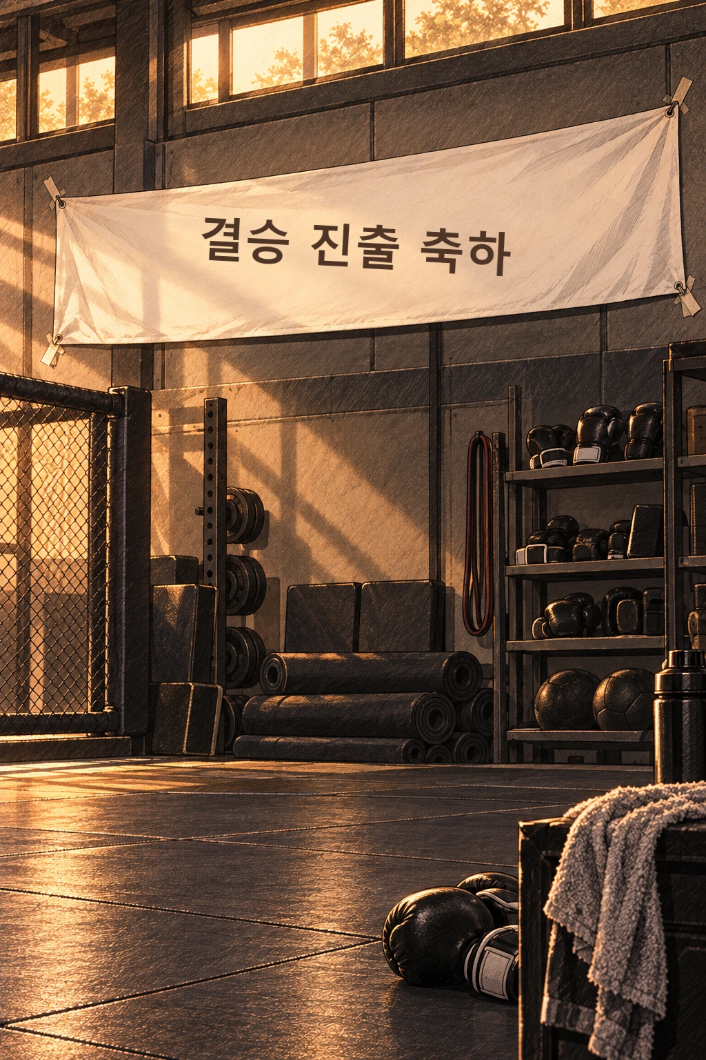 결승 진출 축하 현수막이 벽에 걸린다.