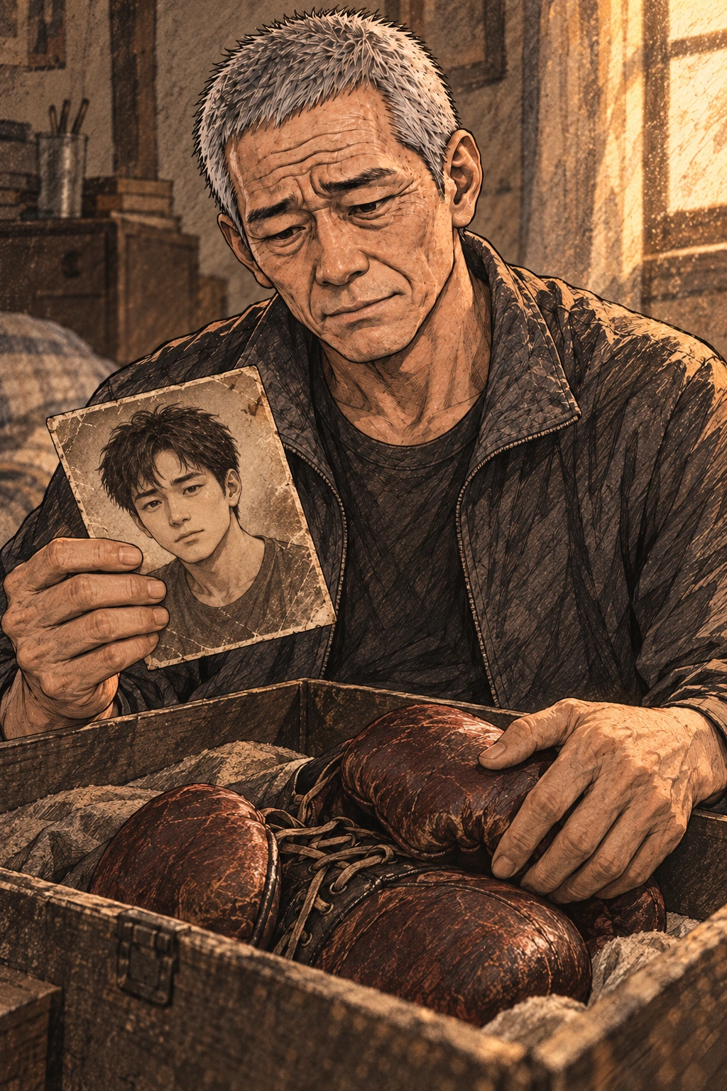 명진이 낡은 사진과 젊은 시절 장갑을 꺼낸다.