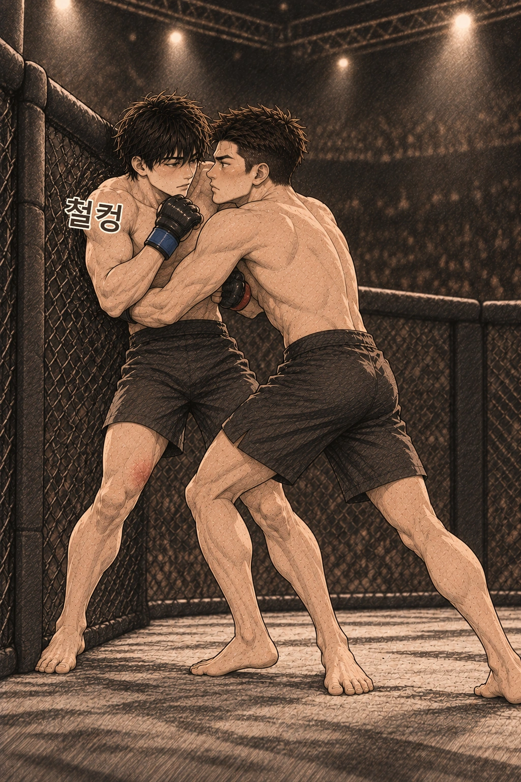 도윤의 등이 잠깐 펜스에 닿는다. 철컹.