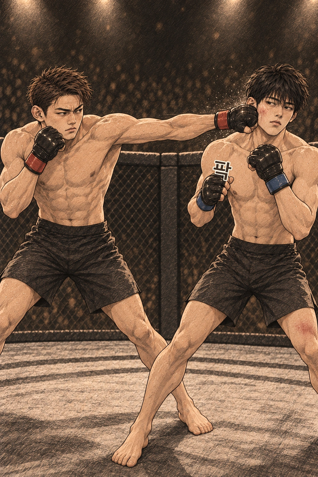 사토는 물러나며 즉시 왼손으로 응수한다. 팍.