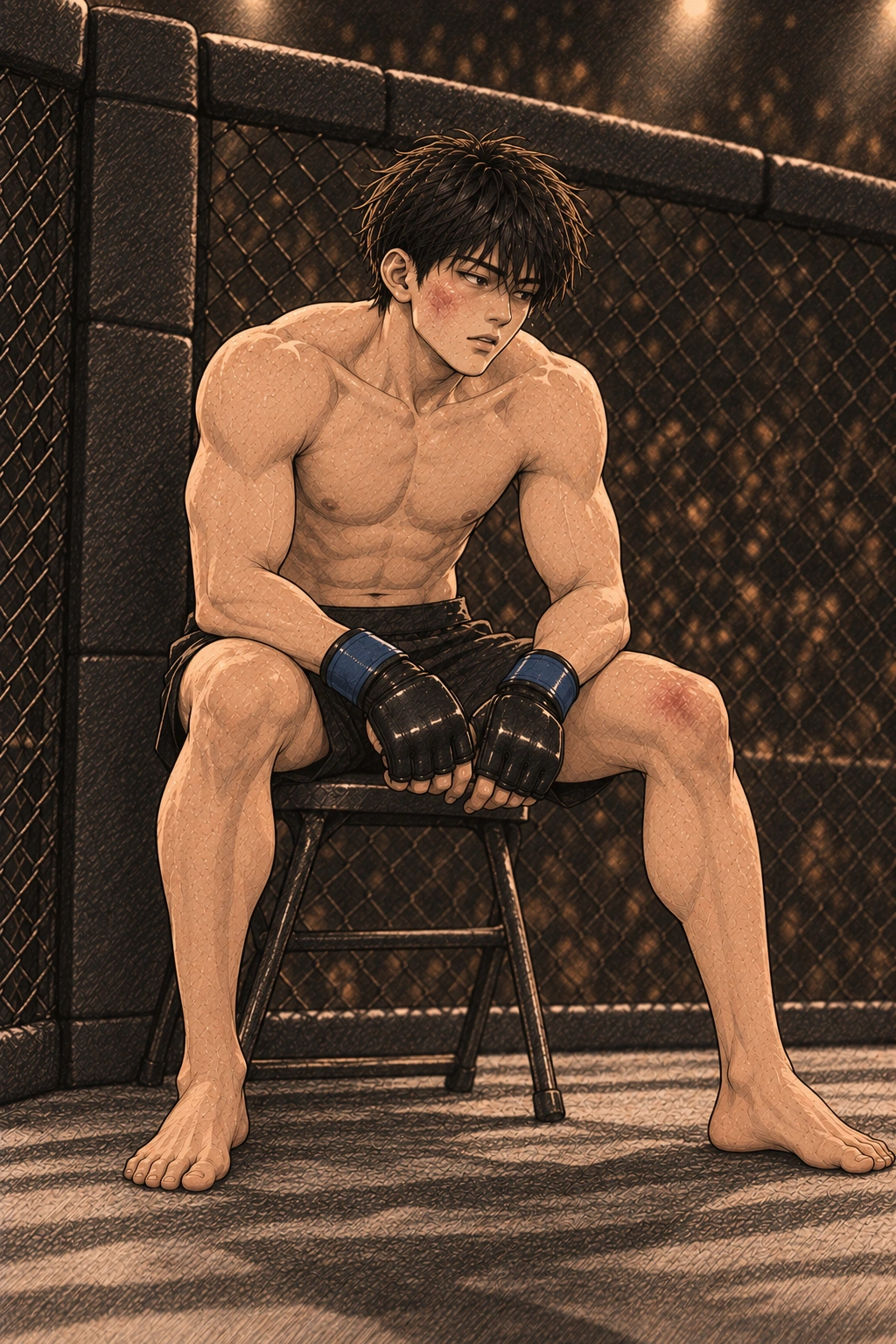 1라운드 종료. 도윤 쪽 코너 의자 하나만 들어온다. 사토 코너는 다음 컷의 소리로 이어진다.