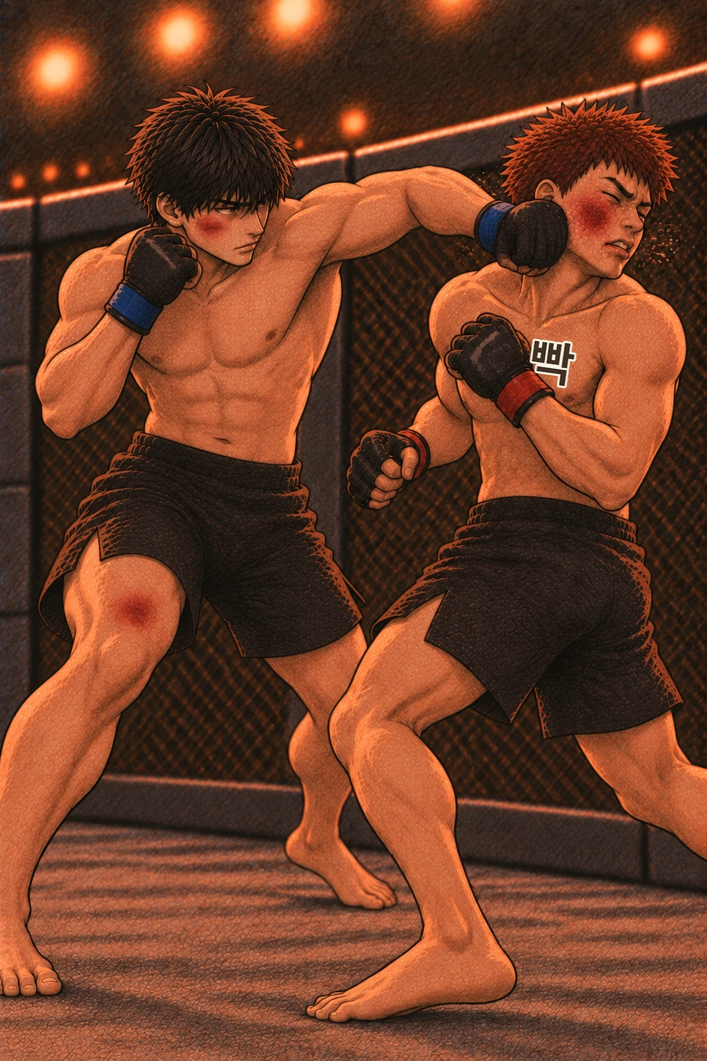 떨어진 사토에게 도윤의 왼훅이 닿는다. 빡.