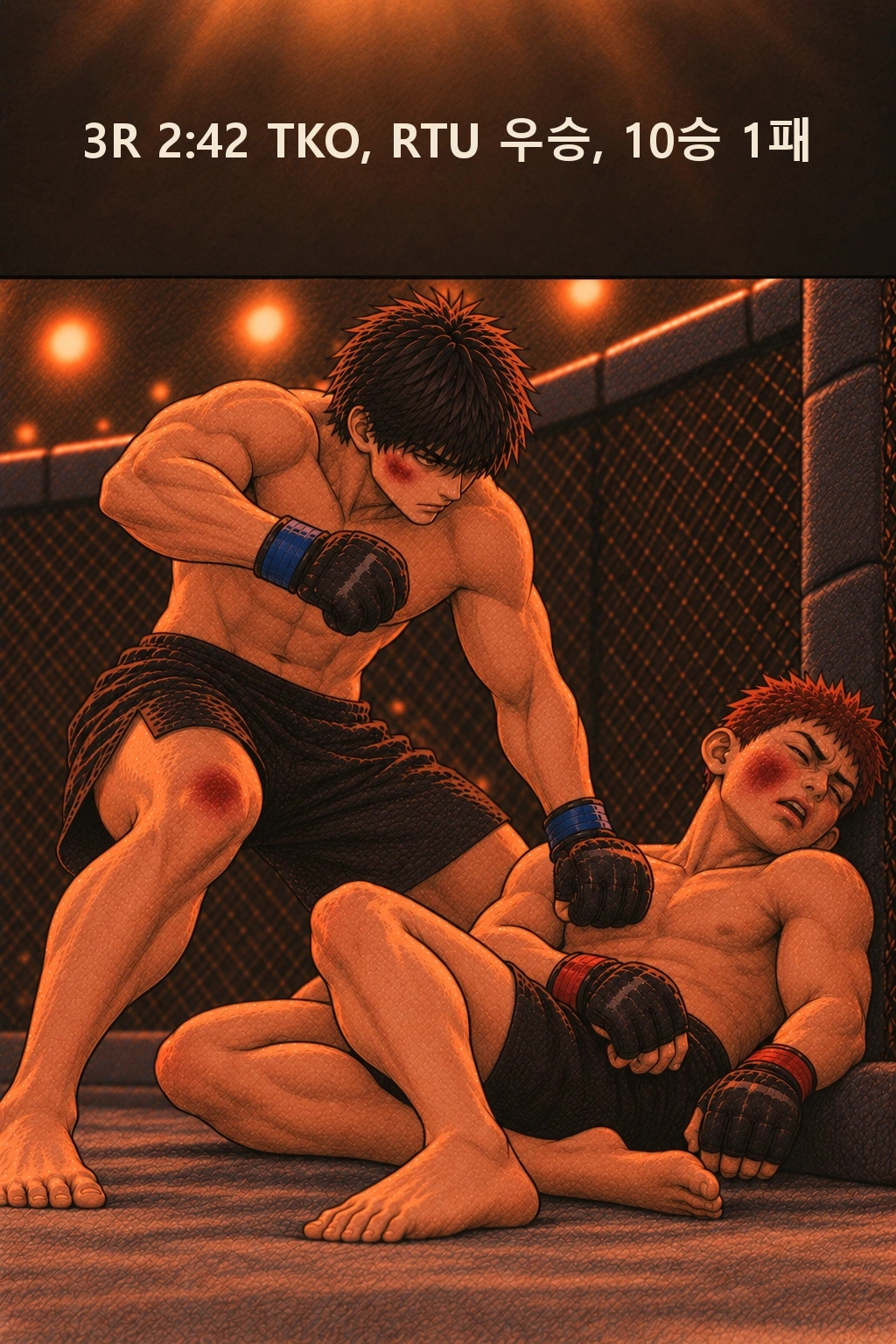 사토의 방어가 끊긴다. 심판의 중단 신호가 들린 뒤 자막 ‘3R 2:42 TKO, RTU 우승, 10승 1패’.