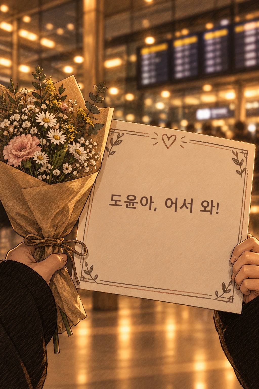 작은 꽃다발과 손으로 쓴 환영 종이.