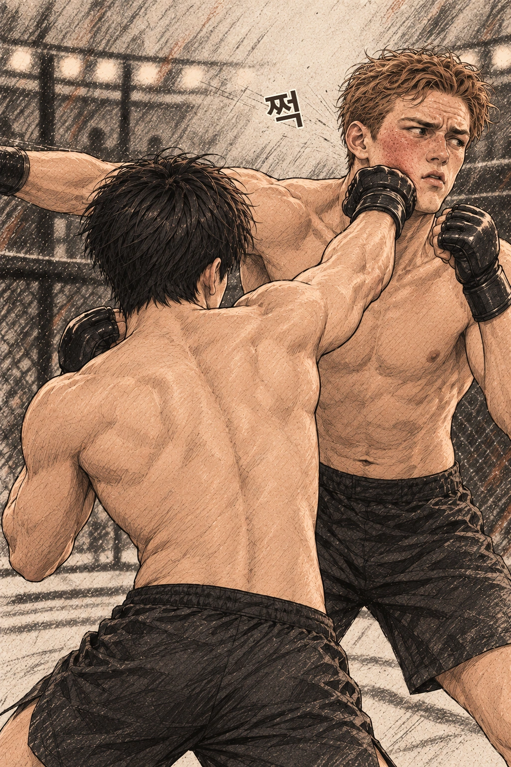 도윤의 짧은 오른손이 턱 옆에 닿는다. 쩍.