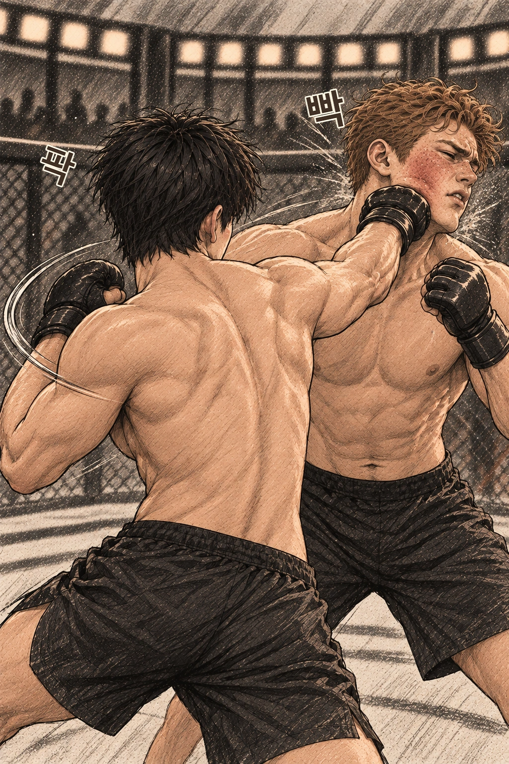 도윤의 왼훅 뒤 짧은 오른손. 팍, 빡.