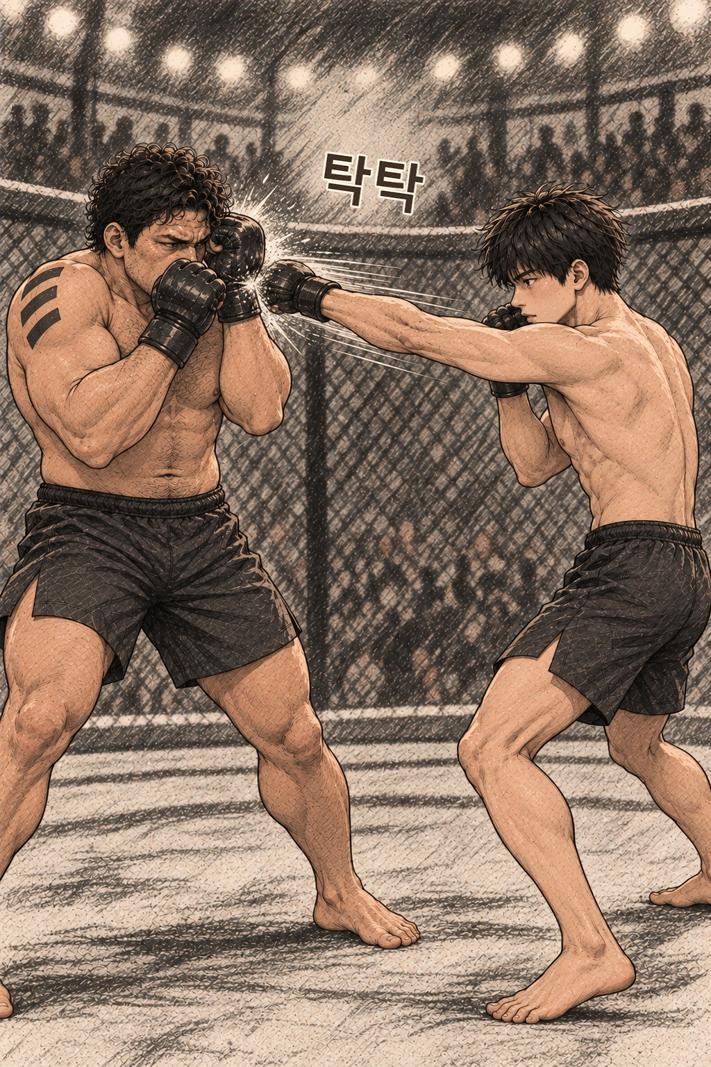 도윤이 물러선 뒤 앞손을 두 번 보낸다. 탁탁.