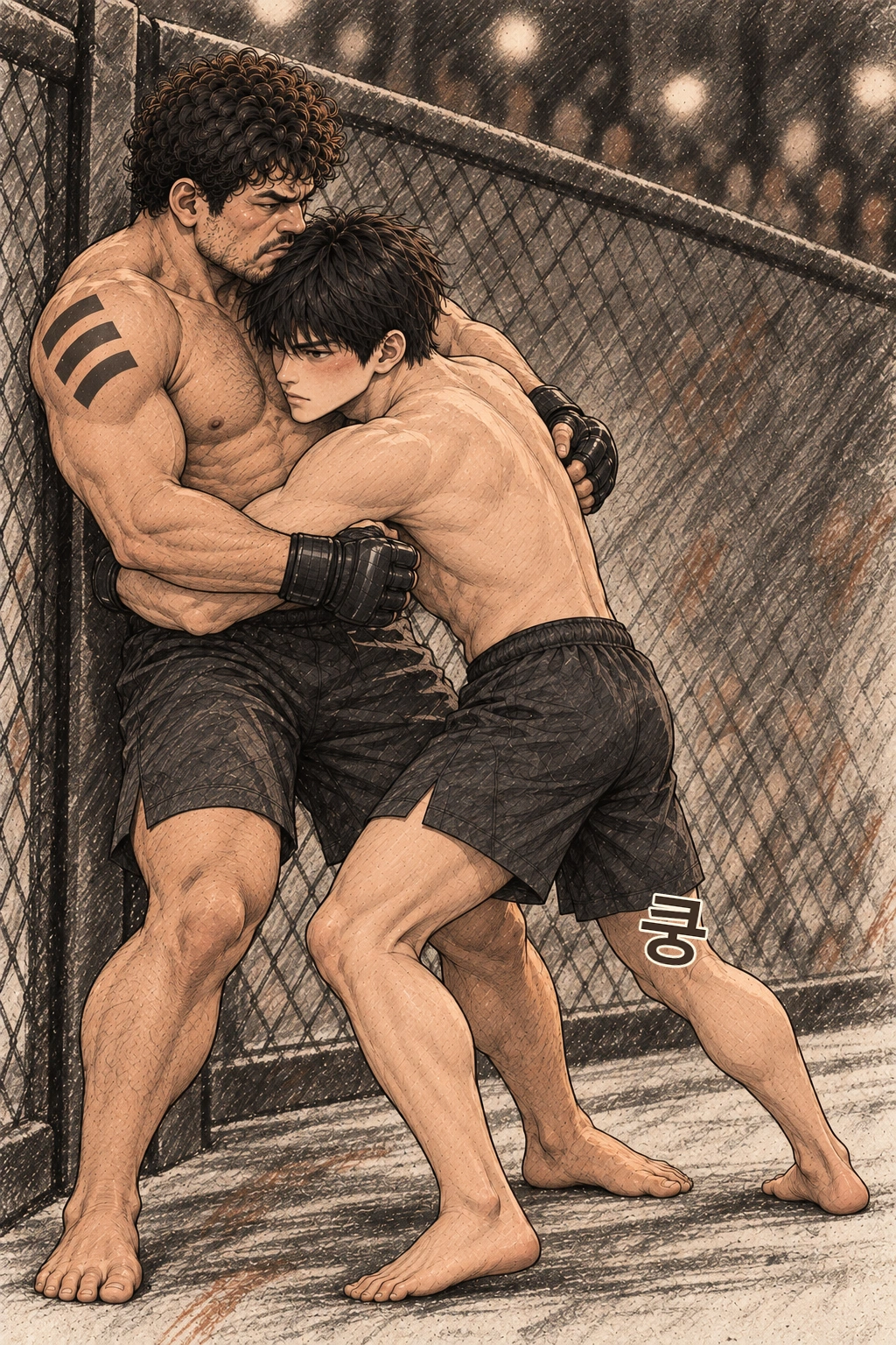 도윤이 가까이 붙어 상대 이동을 막는다. 쿵.