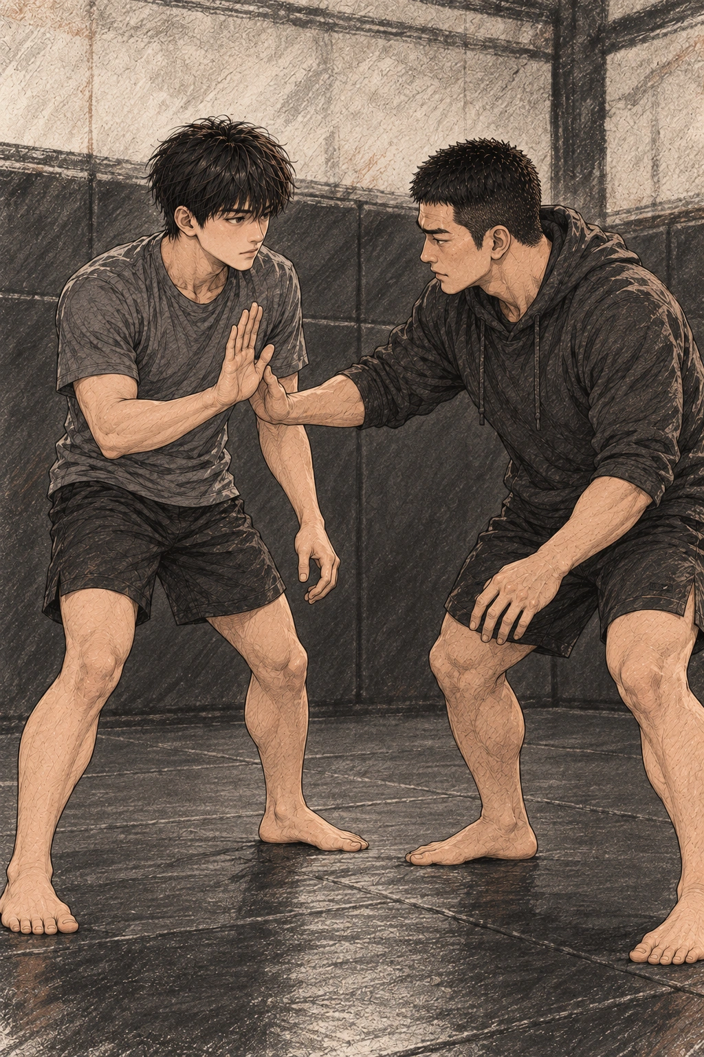 두 사람이 중단 신호를 정하고 기술 훈련을 시작한다.