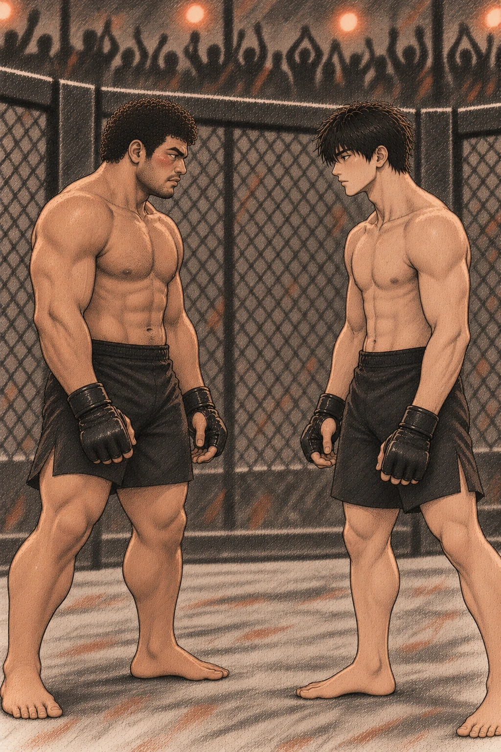 서로를 보는 두 선수, 관객은 선 채 박수친다.