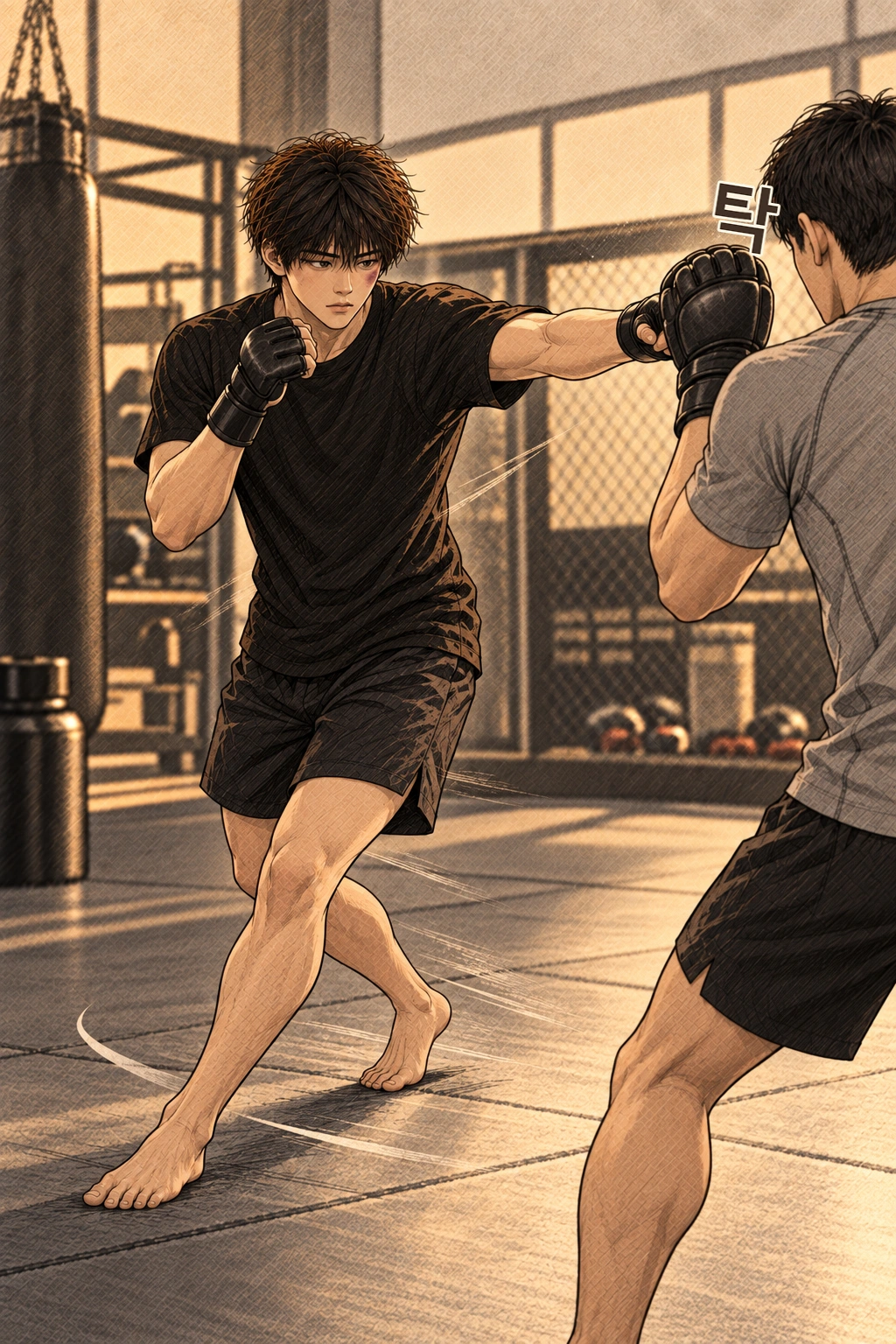 도윤이 짧게 치고 상대 정면에서 옆으로 빠진다. 탁.