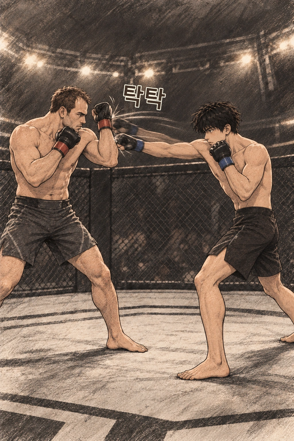 도윤의 앞손 두 번이 가드에 닿는다. 탁탁.