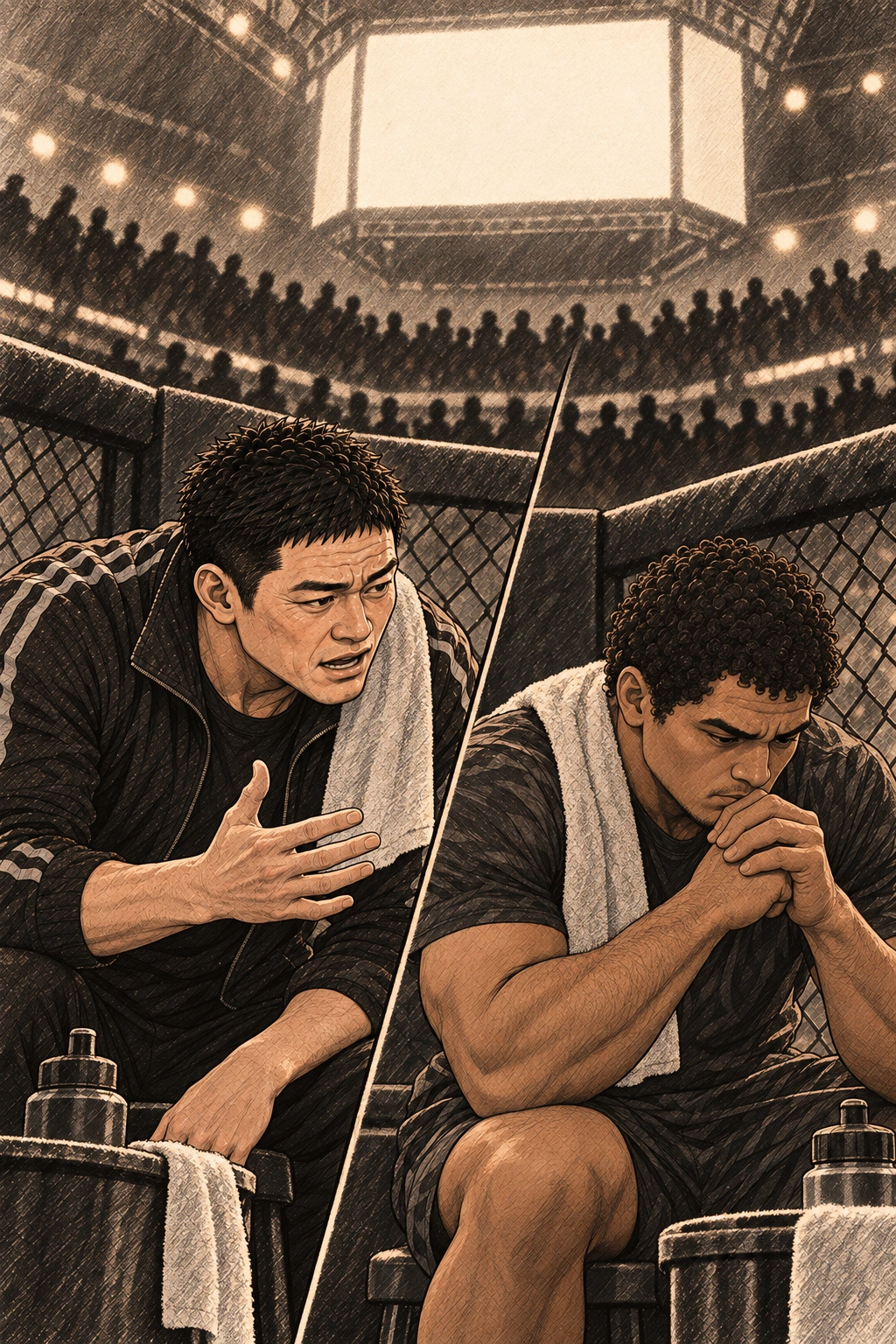 두 코너의 다른 얼굴, 관객은 화면을 올려다본다.