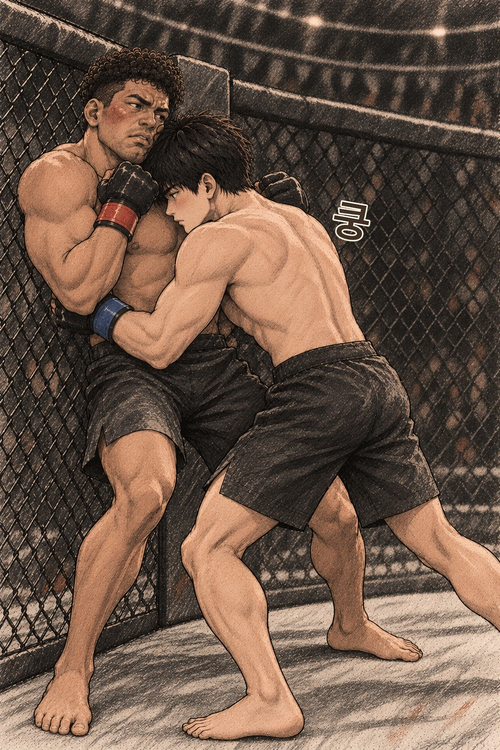 도윤은 타격만 반복하지 않고 어깨를 붙인다. 쿵.