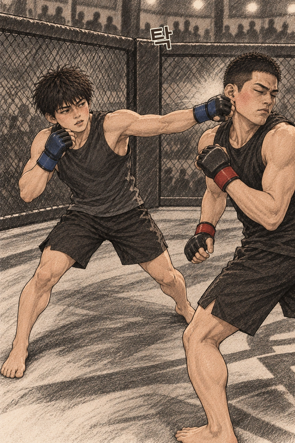 2라운드, 민석이 도윤에게 배운 옆걸음으로 빠져 짧은 손을 맞힌다. 탁.