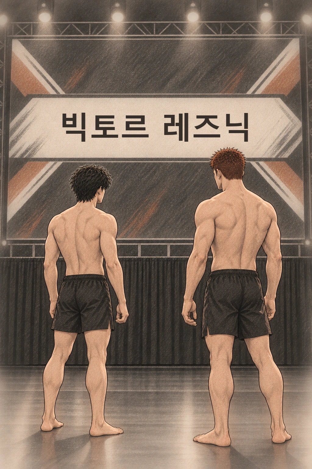 두 선수 뒤 광고판에는 챔피언 레즈닉의 이름만 적혀 있다. 얼굴 사진은 없다.