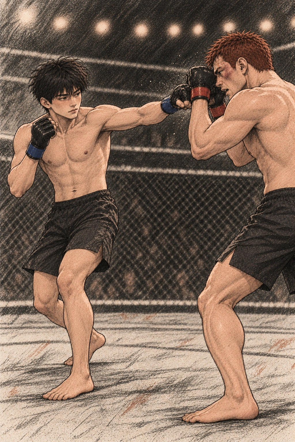 도윤은 짧은 왼손으로 응수하고 거리를 회복한다.