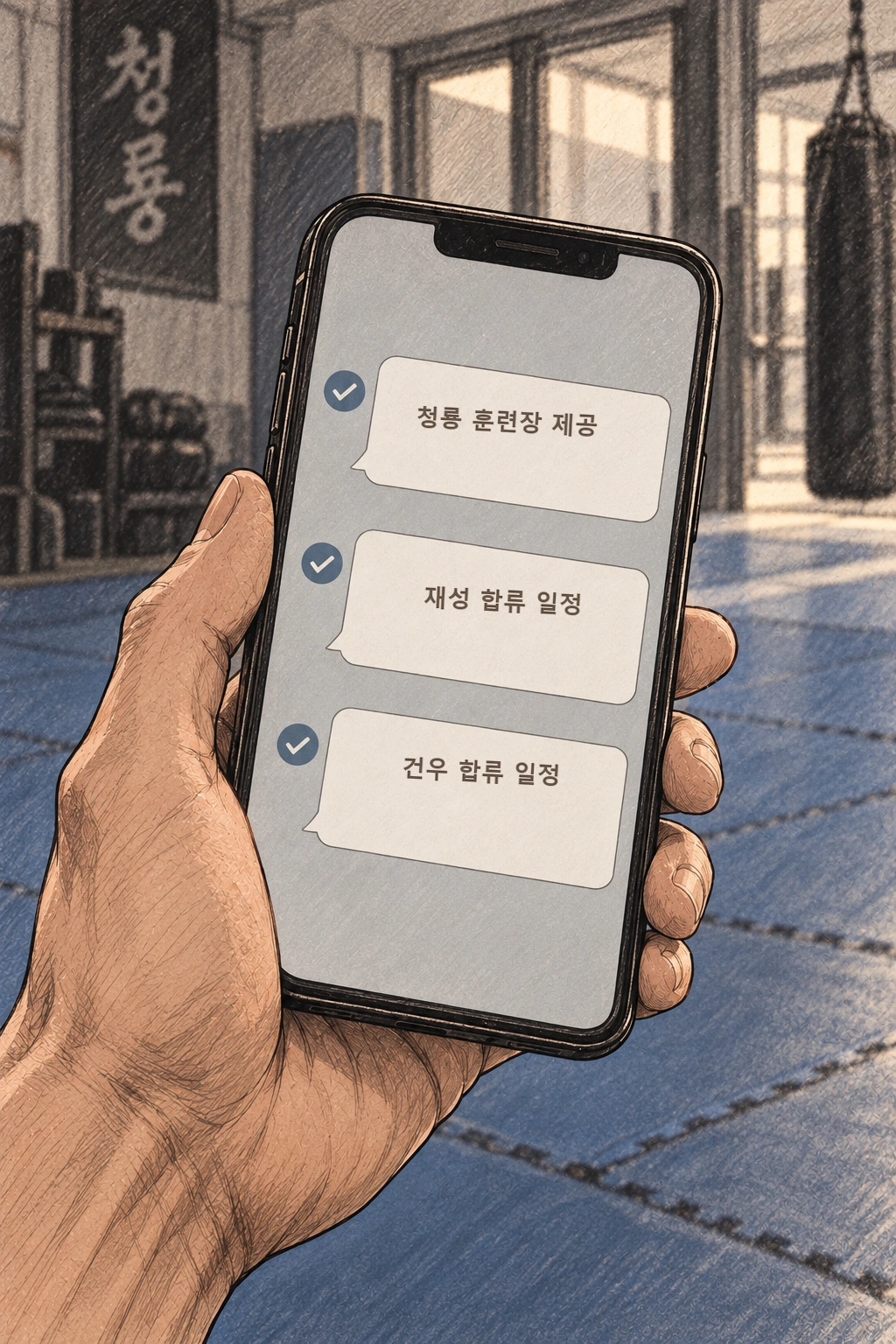 동철이 청룡 훈련장을 제공한다는 문자가 온다. 재성과 건우의 참여 날짜도 적혀 있다.