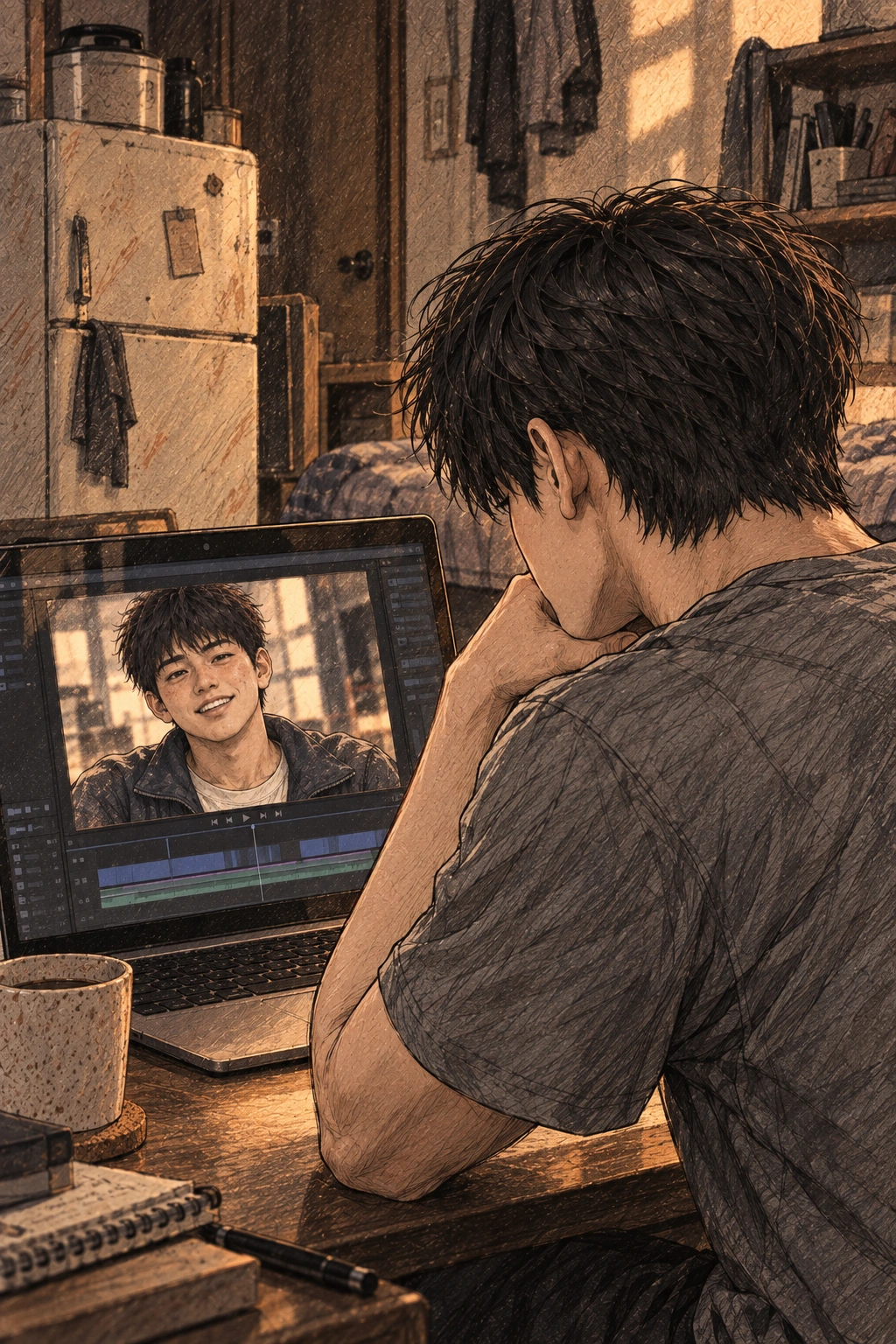 도윤이 화면에 비친 친구와 자기 방을 본다.