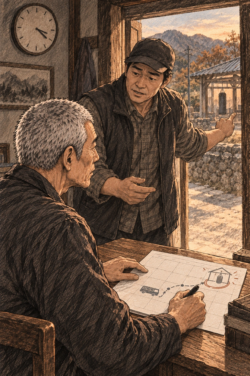 마을 사람이 백호 체육관의 국내 중계 모임 시간을 알려 준다. 명진은 그 시각을 적는다.