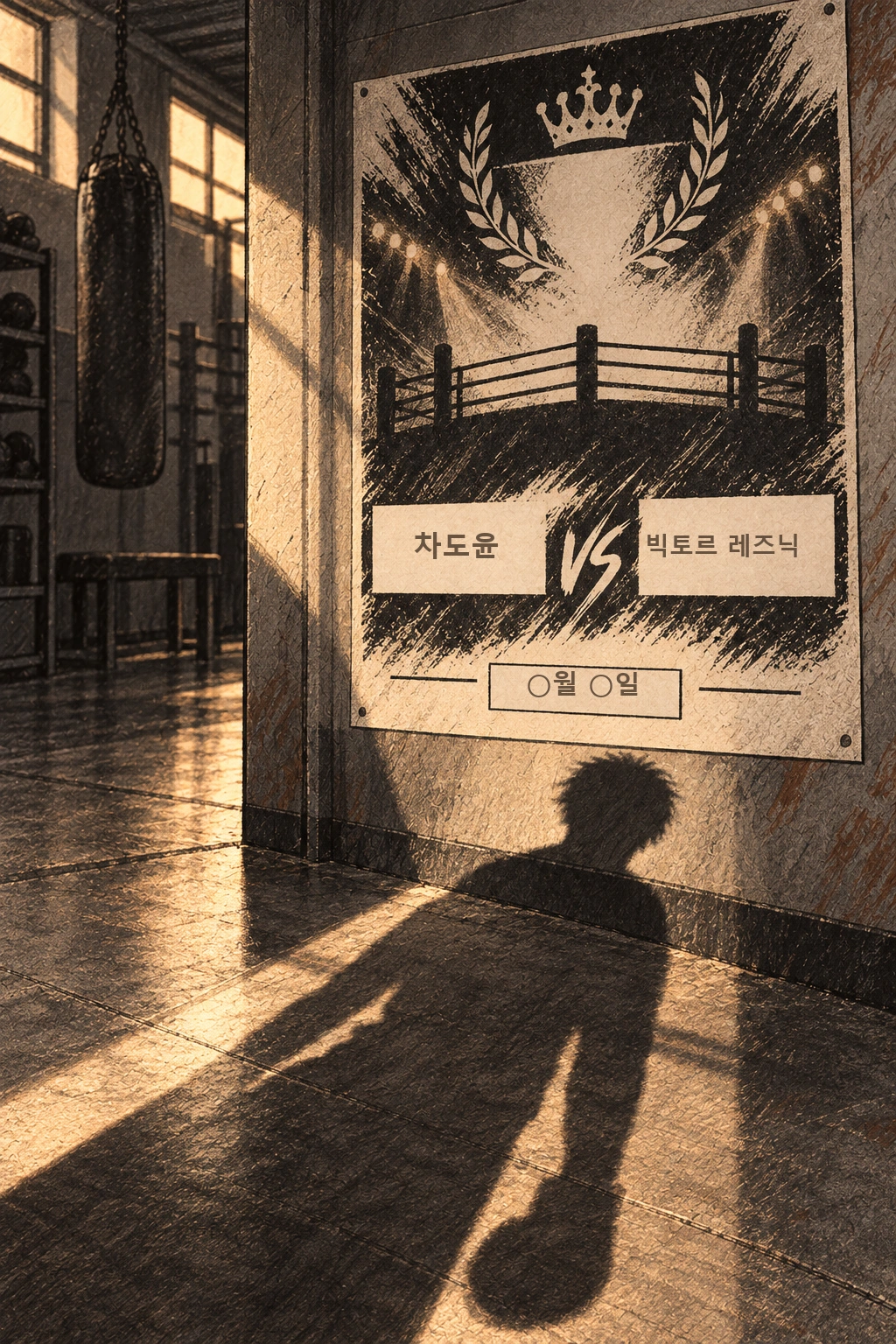 챔피언전 날짜와 두 선수 이름만 적힌 포스터 앞. 도윤의 그림자가 길게 놓인다.