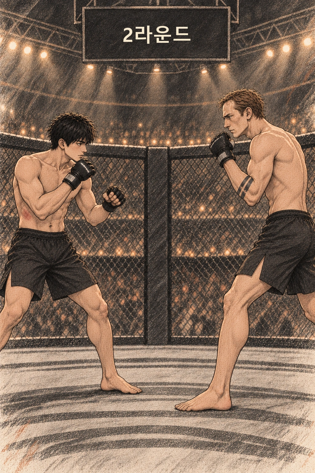 2라운드 시작 안내판 아래 도윤과 레즈닉의 다른 표정.