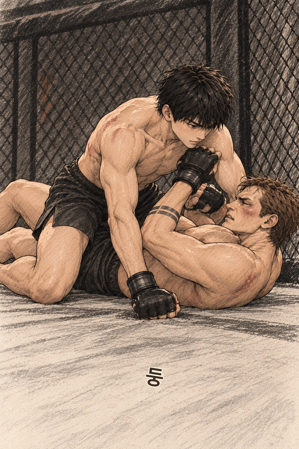 두 선수가 넘어지고 도윤이 윗자리를 얻는다. 둥.