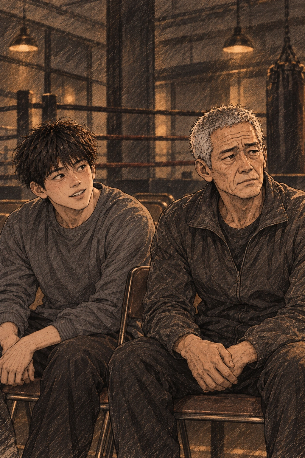 백호 체육관 중계석. 명진이 민석 옆 빈 의자에 앉는다. 경기 화면은 프레임 밖.