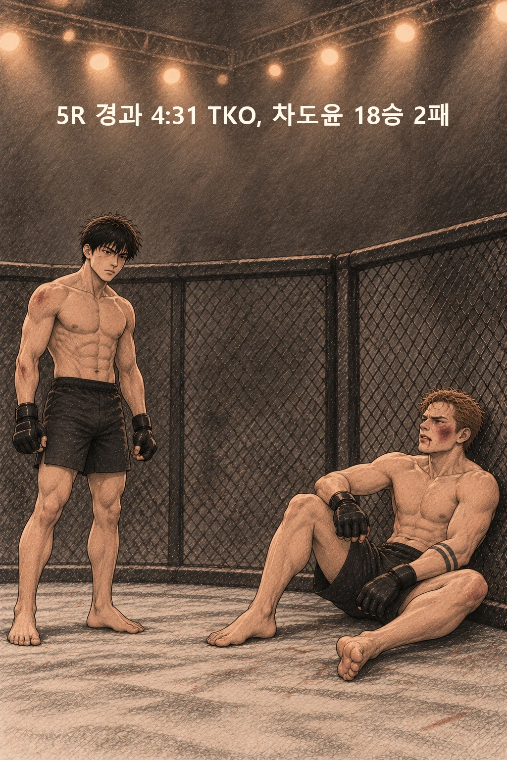 도윤과 레즈닉만 보이는 정지 컷. ‘5R 경과 4:31 TKO, 차도윤 18승 2패’.