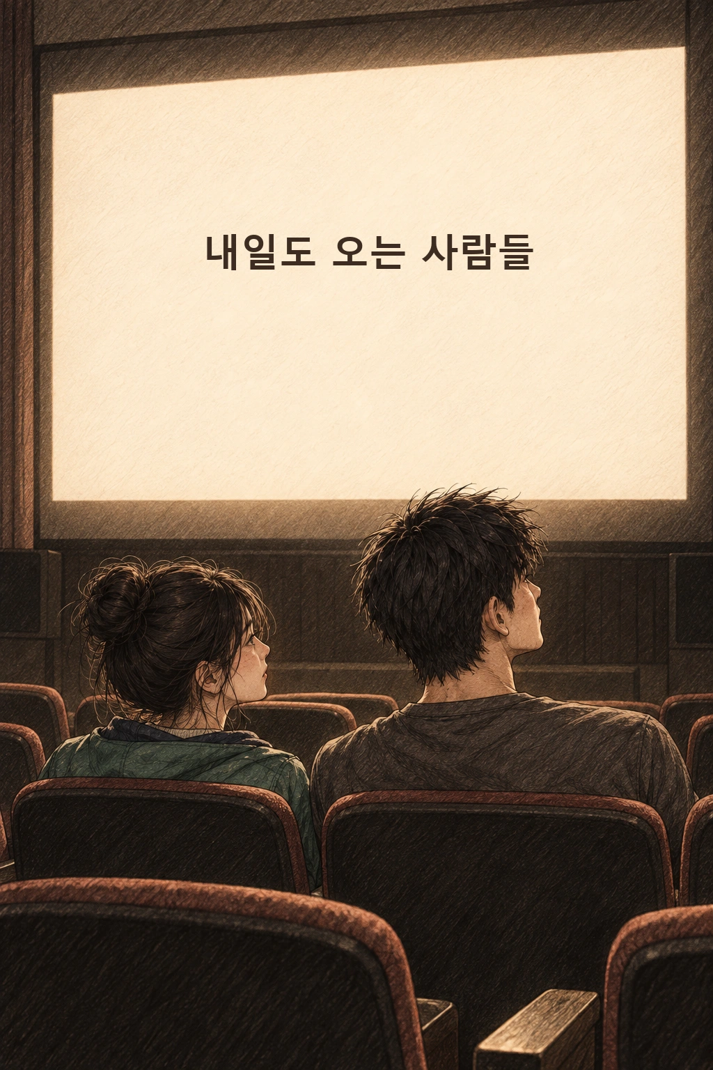 서윤이 완성한 다큐 ‘내일도 오는 사람들’의 첫 소규모 상영. 화면에는 제목만, 객석에는 서윤과 도윤만 보인다.