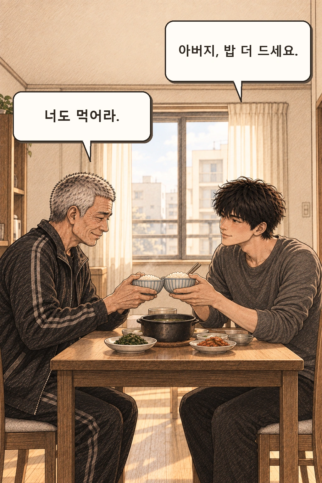 도윤 “아버지, 밥 더 드세요.” 명진 “너도 먹어라.” 그릇 두 개가 닿는다.